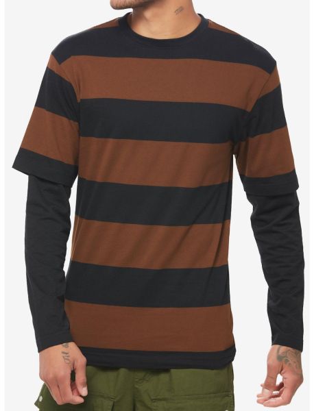 Long Sleeves Guys Black & Brown Stripe Twofer Long-Sleeve T-Shirt