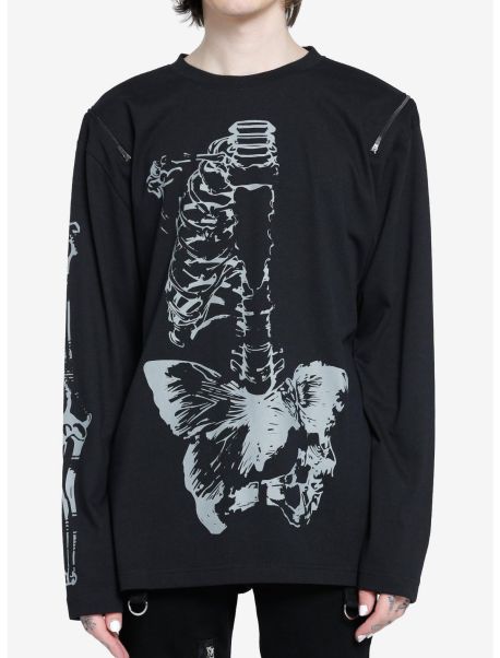 Long Sleeves Guys Skeleton Butterfly Zipper Cutout Long-Sleeve T-Shirt