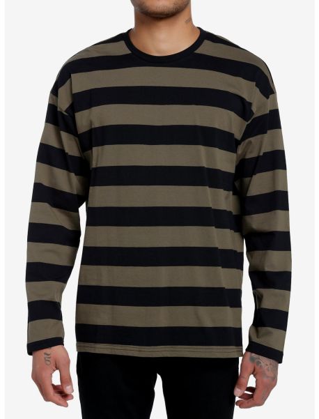 Long Sleeves Social Collision Olive & Black Stripe Long-Sleeve T-Shirt Guys