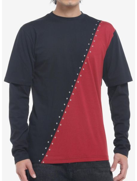 Long Sleeves Red & Black Grommets Twofer Long-Sleeve T-Shirt Guys