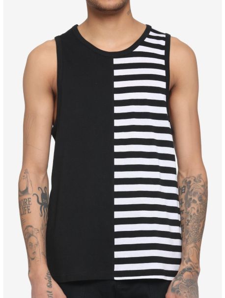 Guys Tank Tops Black & White Stripe Split Tank Top