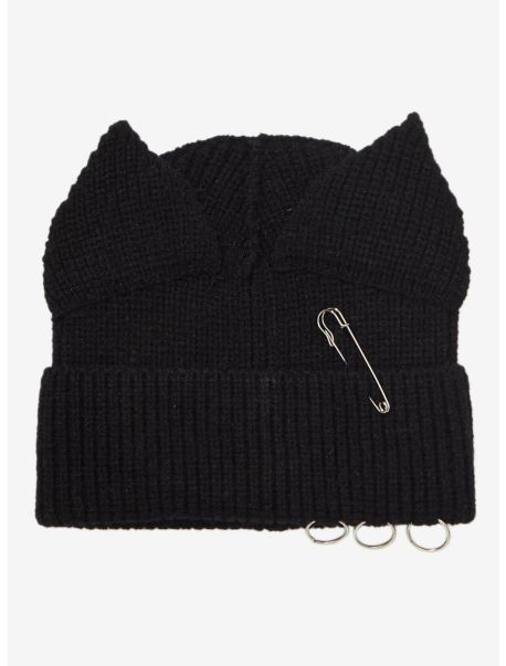 Guys Black Cat Ear Pierced Knit Beanie Hats