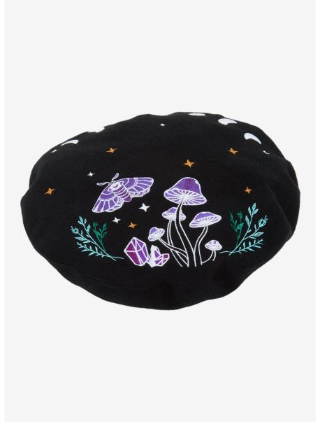 Guys Hats Dark Forest Moth Mushroom Embroidered Beret