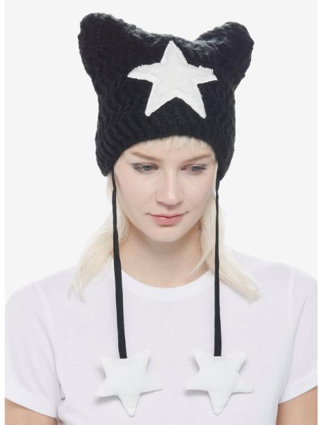 Hats Guys White Star Black Cat Ear Tassel Beanie