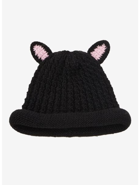 Guys Hats Black Cat Ears Knit Beanie