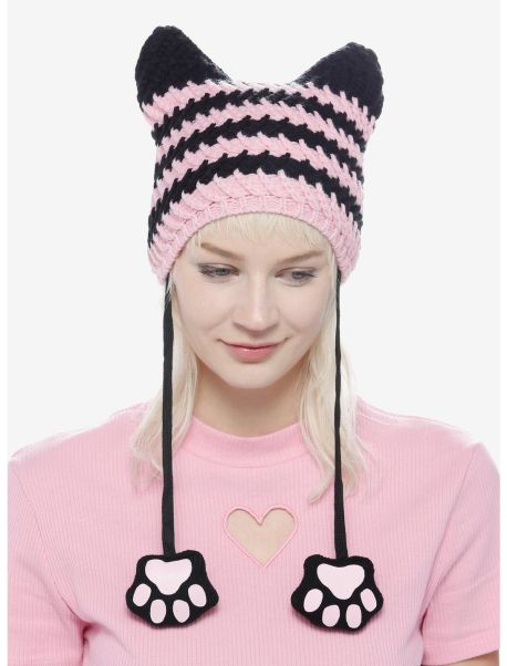 Hats Guys Pink & Black Cat Ear Tassel Beanie