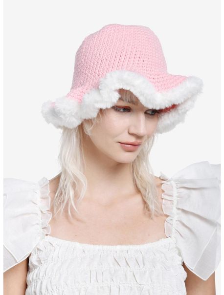 Guys Hats Pink Crochet White Fur Trim Bucket Hat