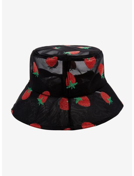 Black Mesh Glitter Strawberry Bucket Hat Hats Guys