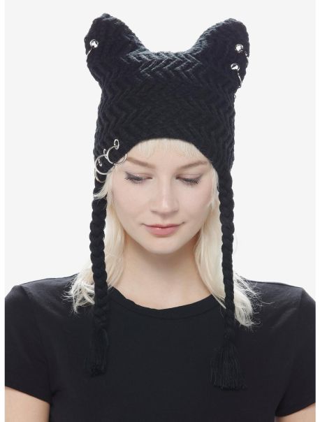 Hats Guys Pierced Black Cat Ear Tassel Beanie