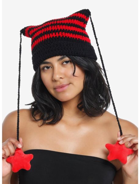 Guys Black & Red Striped Star Tassel Beanie Hats