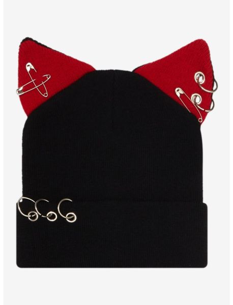 Hats Guys Red & Black Pierced Cat Ears Beanie