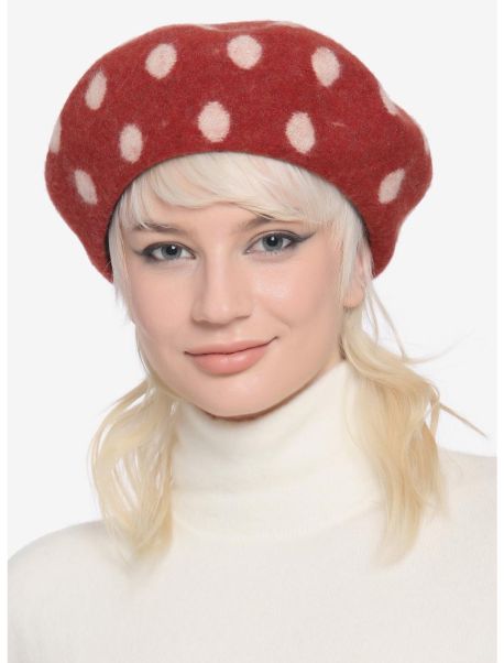 Guys Hats Red & White Polka Dot Mushroom Cap Beret