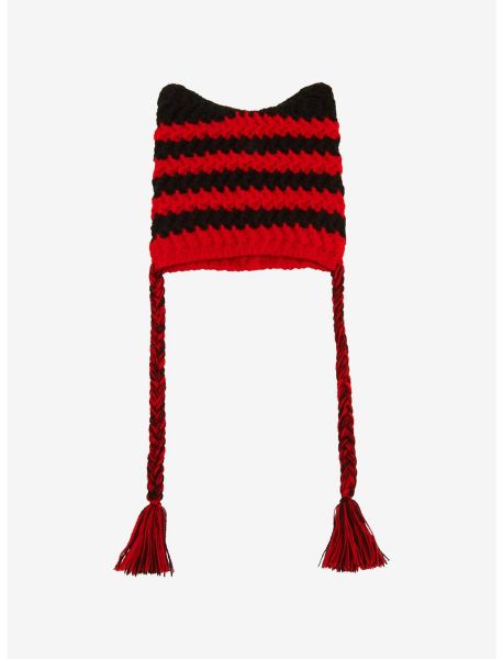 Guys Red & Black Stripe Ears Knit Tassel Beanie Hats