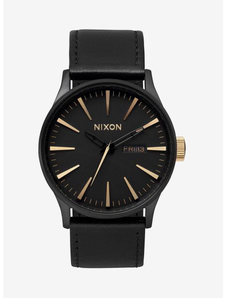 Guys Watches Nixon Sentry Leather Matte Black And Gold Watch