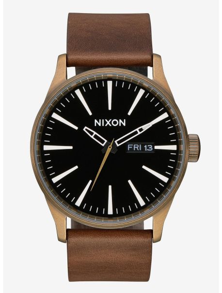 Guys Watches Nixon Sentry Leather Brass Black Brown Watch
