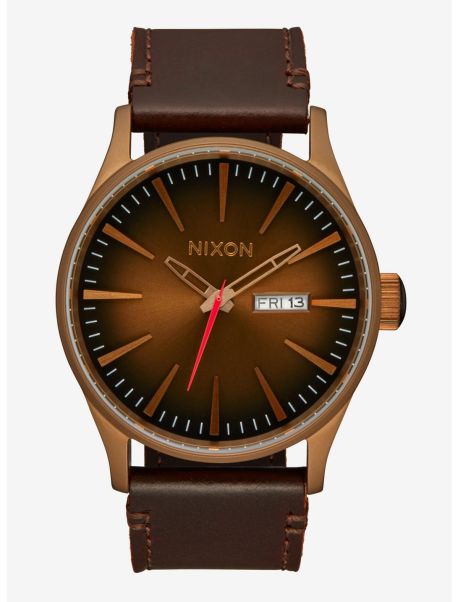Guys Nixon Sentry Leather Bronze X Black Watch Watches