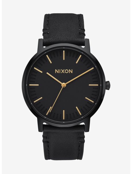 Watches Guys Nixon Porter Leather All Black Gold Watch